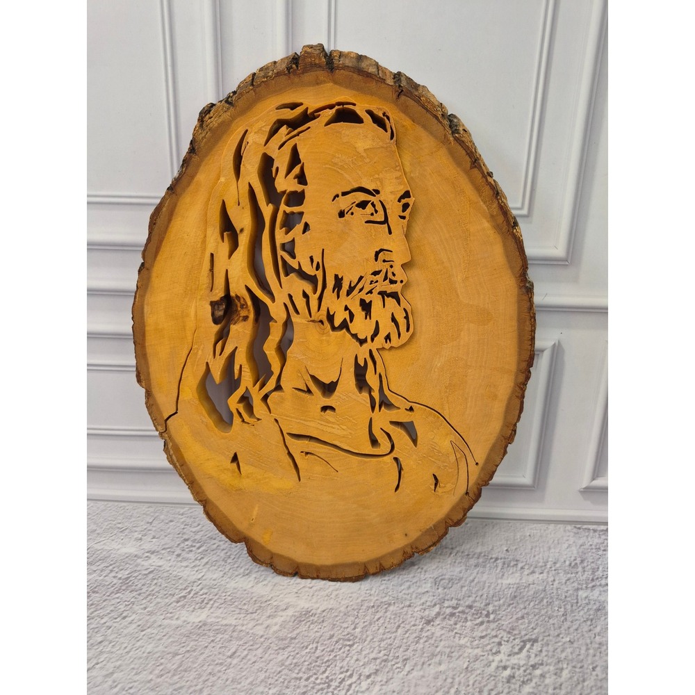 Jesus Wood Slice Scroll Saw Art Live Edge Plaque 2002 Handcarved 3D Effect
